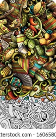 Latin America hand drawn doodle banner. Cartoon detailed flyer. Latinamerican identity with objects and symbols. Latino illustrations. Color vector design elements background