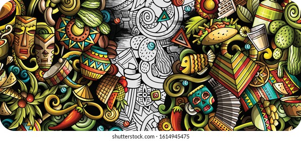 Latin America hand drawn doodle banner. Cartoon detailed flyer. Latinamerican identity with objects and symbols. Latino illustrations. Color vector design elements background