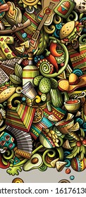 Latin America hand drawn doodle banner. Cartoon detailed flyer. Latinamerican identity with objects and symbols. Latino illustrations. Color vector design elements background