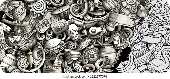 Latin America hand drawn doodle banner. Cartoon detailed flyer. Latinamerican identity with objects and symbols. Latino illustrations. Monochrome vector design elements background