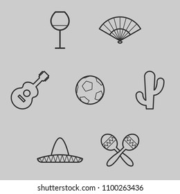 Latin america icon set in linear art vector of glass of wine, hand fan, guitar, soccer ball, cactus, sombrero and maracas.