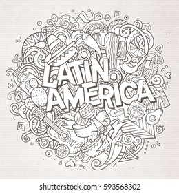 Latin America line art festive background. Cartoon vector hand drawn Doodle illustration. Paper detailed design with objects and symbols. All objects are separated
