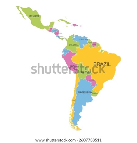 latin america map flat design color per country.