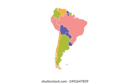 Latin America map with individual colors,isolated on white background for website layouts,background,education, precise,customizable,Travel worldwide,map silhouette backdrop,earth geography,political.