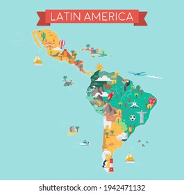 Latin America Map. Tourist And Travel Landmarks, Vector Illustration.