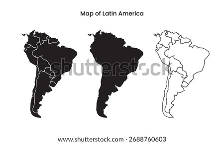 Latin America Map Vector, South America Outline Silhouette and Country Border Illustration	