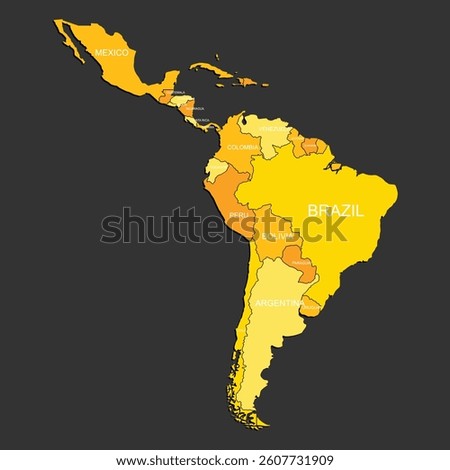 latin america map yellow flat color per country.