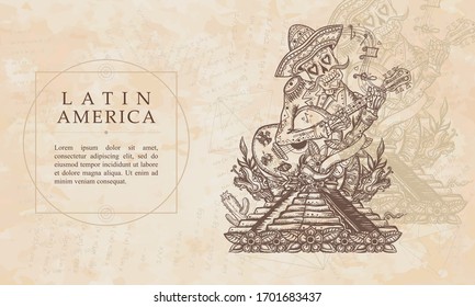 Latin America. Mariachi skeleton wearing sombrero and playing guitar. Mesoamerican mythology. Mayan pyramid. Renaissance background. Medieval manuscript, engraving art  