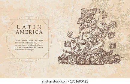 América Latina. El esqueleto de Mariachi con sombrero y guitarra. Arte mexicano. Antecedentes renacentistas. manuscrito medieval