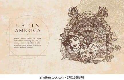 Latin America. Mexico. Love story. Tattoo. Mexican latin woman in ancient clothes, skeleton with a guitar and sun stone. Aztec and Mayan concept. Renaissance background. Medieval manuscript 