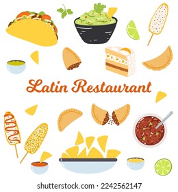 Latin America restaurant template for website, menu, poster. Traditional dishes of Latin America in hand drawn flat style, folk cuisine.