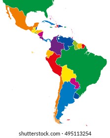 Latin America single states map. All countries in different full intense colors and with national borders. From northern border of Mexico to the southern tip of South America, including the Caribbean.