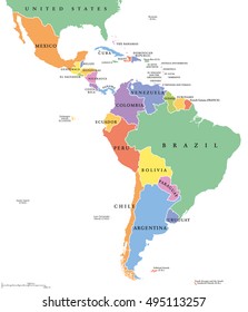 Latin America single states political map. Countries in different colors, with national borders and English country names. From Mexico to the southern tip of South America, including the Caribbean.