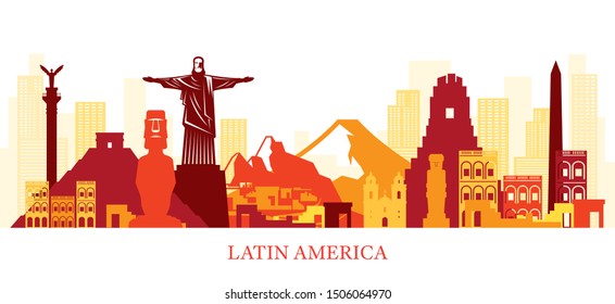 Latin America Skyline Landmarks Colouful Silhouette, Famous Place And Historical Buildings, Travel And Tourist Attraction