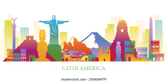 Latin America Skyline Landmarks Colouful Silhouette, Famous Place And Historical Buildings, Travel And Tourist Attraction