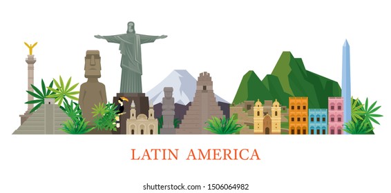 Latin America Skyline Landmarks Flat Style, Famous Place and Historical Buildings, Travel and Tourist Attraction