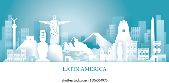 Latin America Skyline Landmarks in Paper Cutting Style, Famous Place and Historical Buildings, Travel and Tourist Attraction