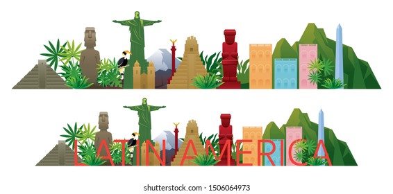 Latin America Skyline Landmarks With Text Or Word, Famous Place And Historical Buildings, Travel And Tourist Attraction