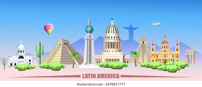 Latin America skyline travel poster. Vector flat illustration