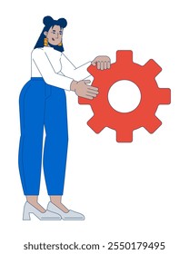 Empresária latino-americana segurando personagem de desenho animado em 2D. Mulher hispânica com sobrepeso mostrando cogwheel isolada pessoa vetor plano no fundo branco. Ilustração especial colorida