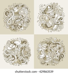 Latin American cartoon vector hand drawn doodle illustration. Sepia detailed designs  with objects and symbols. 4 square composition banner vector set.