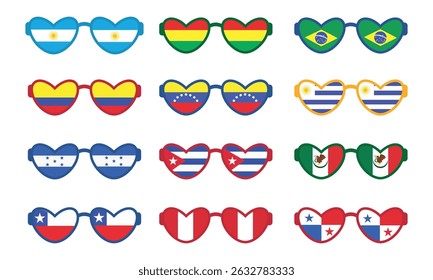 Coleção de ícones de vetor da bandeira dos países da América Latina. Conjunto de bandeiras na forma de óculos de sol e corações.