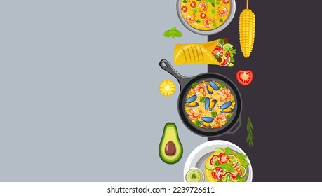 Latin American cuisine, menu concept. Banner, website, advertisement. Mexican cuisine menu, restaurant banners with dishes, snacks and sauces.