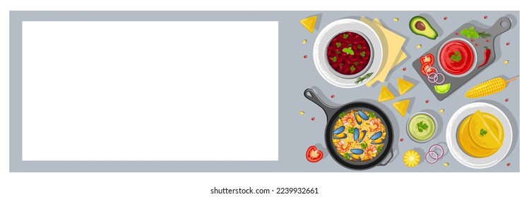 Latin American cuisine, menu concept. Vector illustration. Banner, website, advertisement. Menus of Mexican cuisine, banners of restaurants with dishes, snacks and sauces.