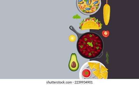 Latin American cuisine, menu concept. Banner, website, advertisement. Mexican cuisine menu, restaurant banners with dishes, snacks and sauces.