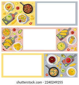 Latin American cuisine, menu concept. Vector illustration. Banner, website, advertisement. Menus of Mexican cuisine, banners of restaurants with dishes, snacks and sauces.