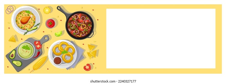 Latin American cuisine, menu concept. Vector illustration. Banner, website, advertisement. Menus of Mexican cuisine, banners of restaurants with dishes, snacks and sauces.