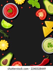 Latin American cuisine, menu concept. Products on a black background with space for text. Banner, website, advertisement. Mexican cuisine menu.