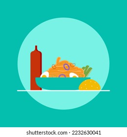 latin american cuisine from sauce along with noodles and eggs, vegetables