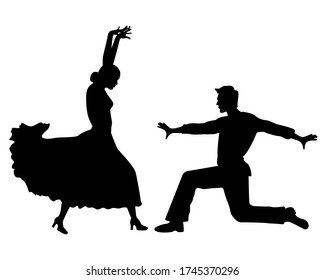 Latin American Dancers Couple Silhouette Isolated On White Background. Flamenco