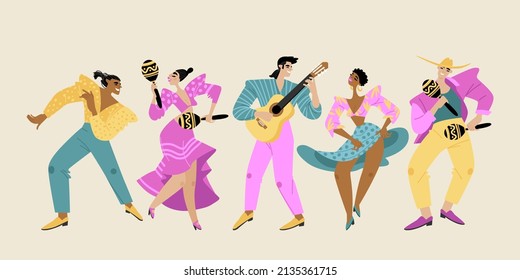 Latin American dancers and musicians with guitar and maracas. Set of vector illustrations in cartoon style