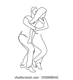 Latin American dances. Elegant couple dancing salsa, bachata. Retro style. Line drawing for printing T-shirts, and cosmetics