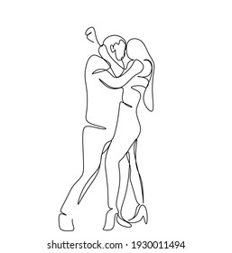 Latin American dances. Elegant couple dancing salsa, bachata. Retro style. Line drawing for printing T-shirts, and cosmetics