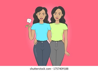 Latin American female-female twins. Vector illustration.
