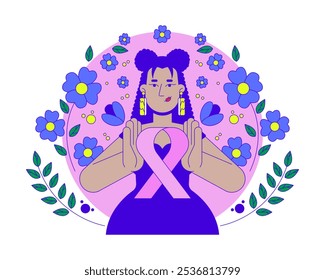 Latin american feminist movement of pink ribbon 2D illustration concept. Breast cancer solidarity. Hispanic woman femininity cartoon character isolated on white. Metaphor abstract flat vector graphic