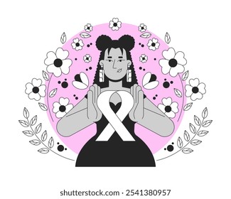 Latin american feminist movement of pink ribbon black and white 2D illustration concept. Breast cancer solidarity. Hispanic woman femininity outline character isolated. Metaphor monochrome vector art