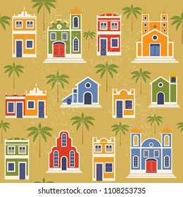 Latin American festa junina houses the June party of Brazil. Flat seamless pattern with symbolism of the holiday.