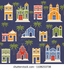 Latin American festa junina houses the June party of Brazil. Flat seamless pattern with symbolism of the holiday.