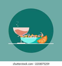 Latin American food with a glass of wine and a salad of shrimp and oranges