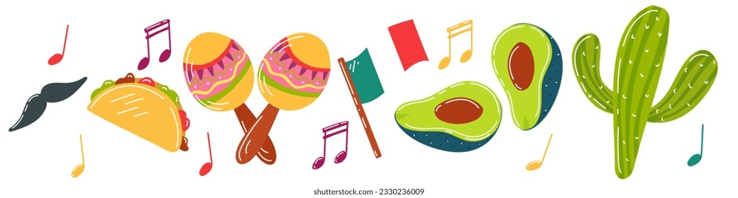 Latin American food, maracas, the Mexican Revolution and Independence. A set of elements on the theme of Mexico, the traditions of Mexicans.