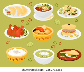 latin american food. Mexican milk rice pudding, empanadas, green avocado soup and tomato soup, argentina baked pie, chilean crab pie, peruvian cuisine potato casserole. Isolated vector illustrations