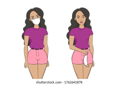 Latin American girl take off medical mask. Cartoon style. Vector illustration.