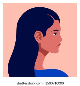 Latin American head in profile. Hispanic woman. Races and nationalities of the world. Vector flat illustration