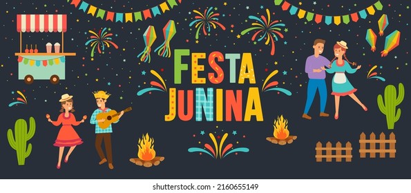 Latin American holiday Festa Junina traditional Brazilian symbols of party flags and paper lanterns, corn, guitar, bonfire, fun dancing people, festive fireworks.