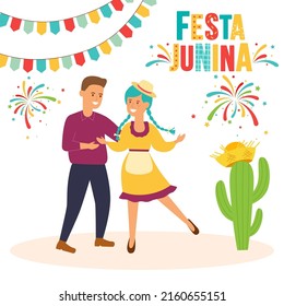 Latin American holiday Festa Junina, dancing people on the background of fireworks. Vector Illustration.