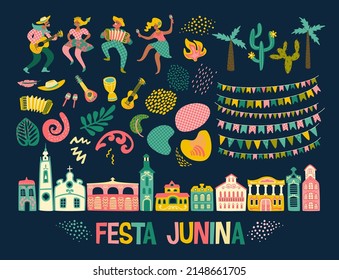 Latin American holiday, the June party of Brazil. Festa Junina. Vector set. Design elements.